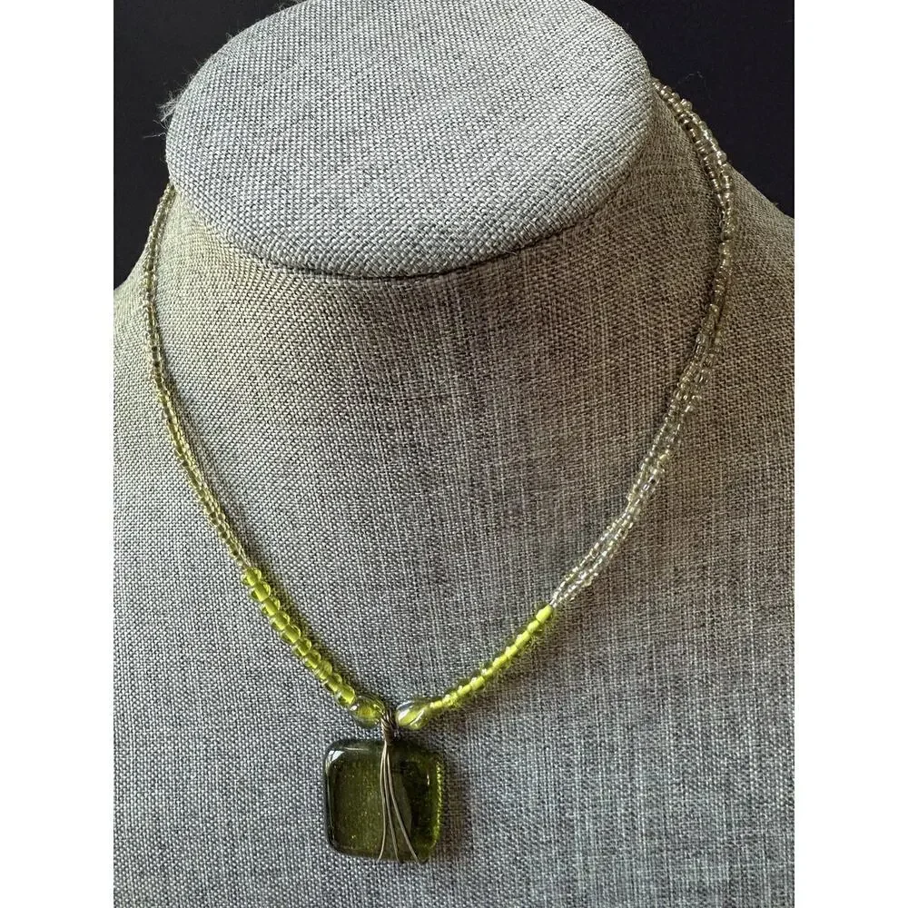 Art Glass Rectangle Wire Wrap Necklace Green Beaded Statement Choker Festival